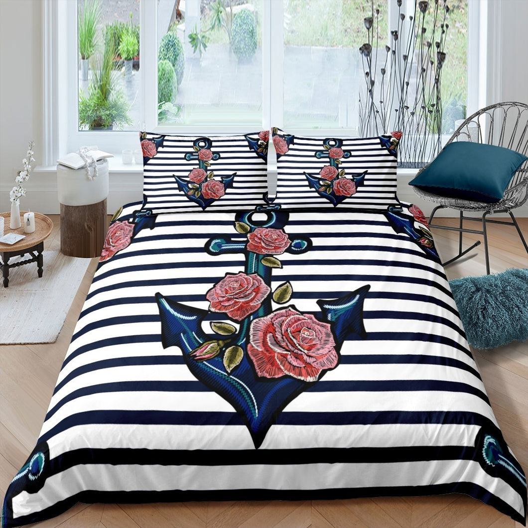 Luxury Stripe Comforter Cover Set Kids Boys Girls Ocean Nautical Duvet Cover Anchor Floral Print Bedding Set Sea Adventure Quilt Cover,Room Decor 2/3Pcs Bedding
