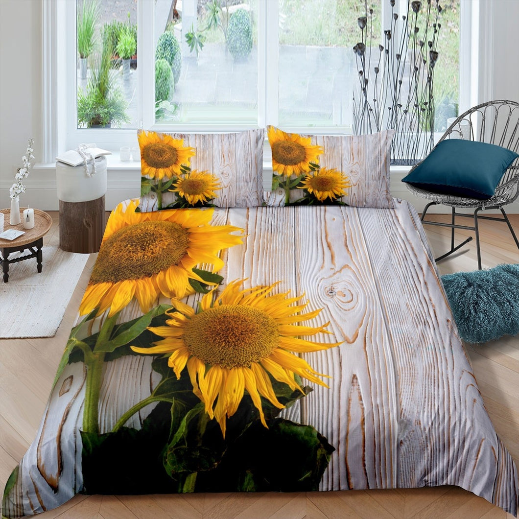 Sunflower Duvet Cover Set for Kids Woman Adults Botanical Wooden Scenes Bedding Set 3D Floral Print Comforter Cover Blossom Flowers Bedspread Cover,Room Decor 2/3Pcs Bedding