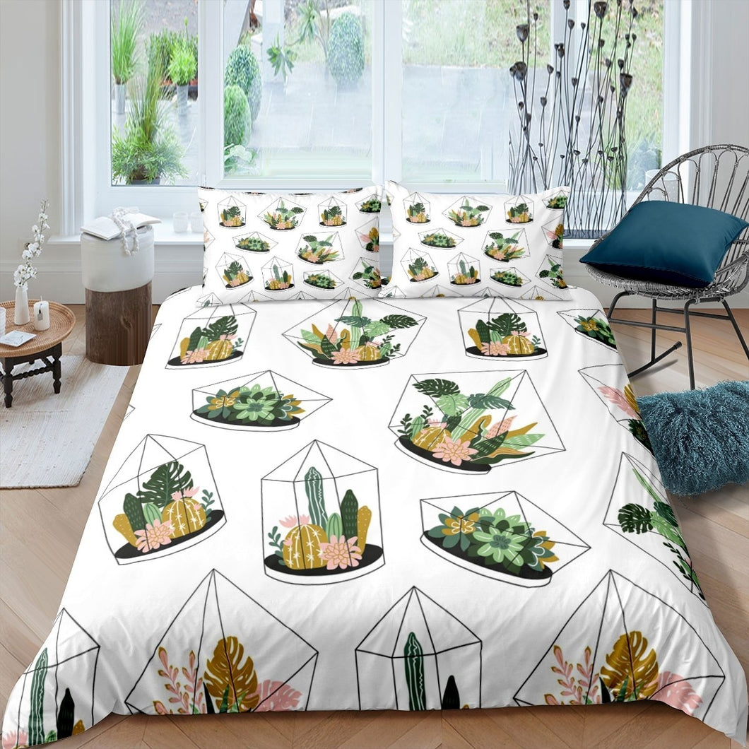 Boho Succulents Bedding Set Kids Boys Girls Cactus Print Duvet Cover Geometric Patterns Comforter Cover Botanical Pattern Bedspread Cover,Room Decor 2/3Pcs Bedding