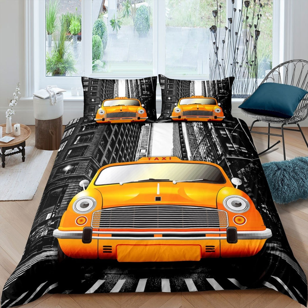 Vintage Car Bedding Set Kids Boys Adults Yellow Sports Car Comforter Cover Modern Cityscape Duvet Cover Automobile Style Quilt Cover,Room Decor 2/3Pcs Bedding