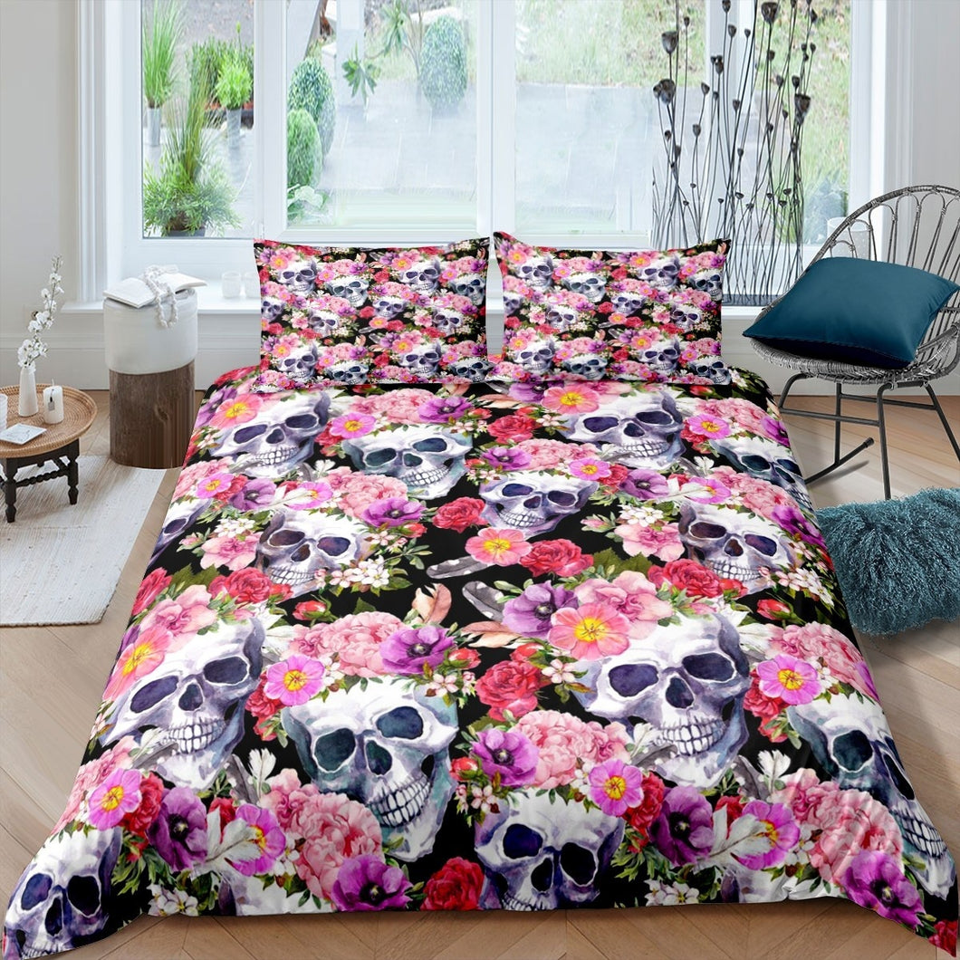 Sugar Skull Comforter Cover Set Kids Boys Teens Skeleton Floral Bedding Set Gothic Bones Print Duvet Cover Luxury Microfiber Quilt Cover,Room Decor 2/3Pcs Bedding