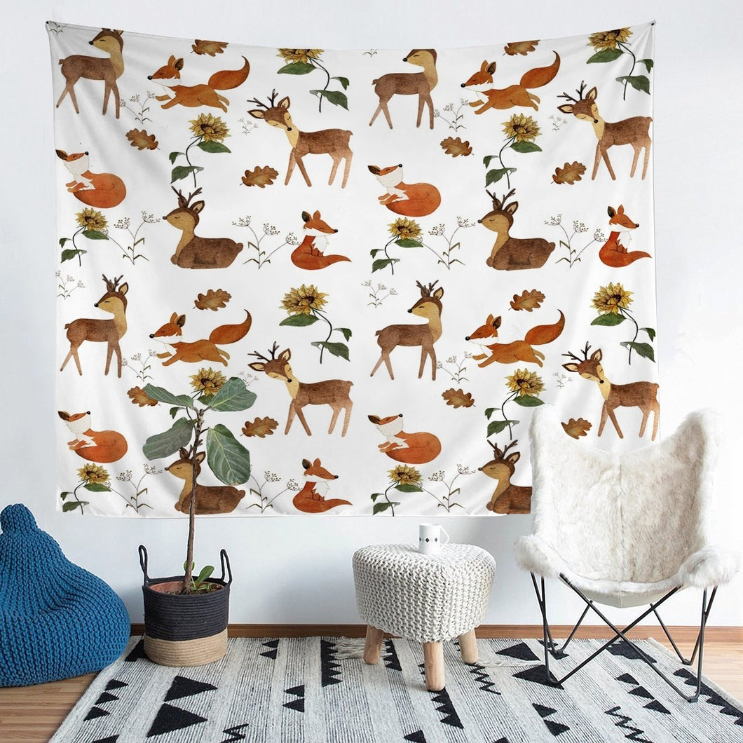 Deer Fox Tapestry Kids Boys Cartoon Animal Pattern Bedding Throw Blanket Girls Sunflower Floral Print Tapestries Wall Hanging Blossom Flowers Wall Blanket,Bedding Collection