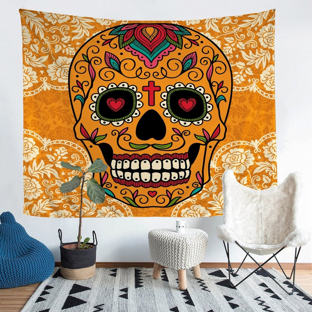 Sugar Skull Wall Hanging Women Skull Pattern Tapestry Boho Skeleton Design Wall Blanket for Children Kids Adults Orange Floral Flowers Wall Art Gothic Bones Room Decor Picnic Sheet