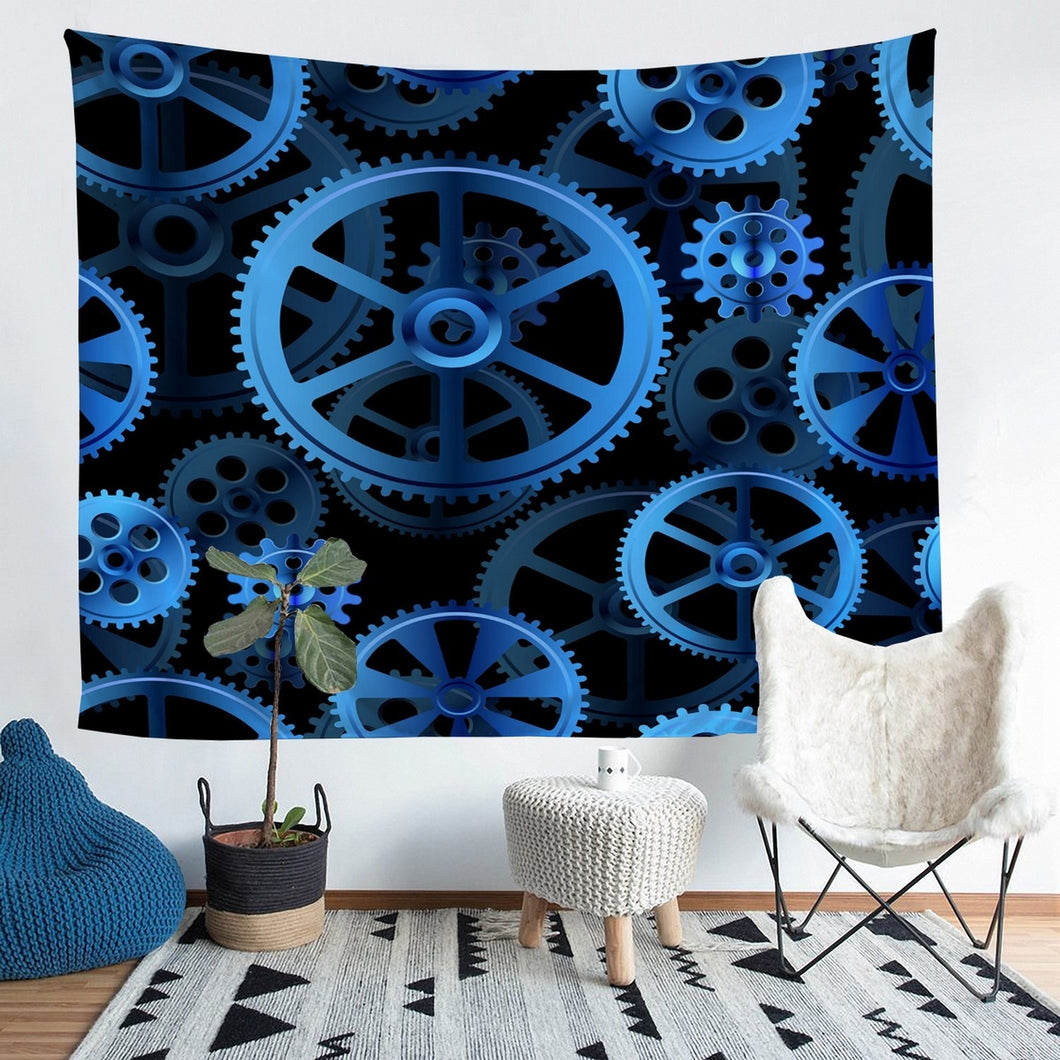 Industrial Wall Hanging Clock Theme Gears Tapestry Blue Steampunk Style Wall Blanket for Children Girls Boys Adults Microfiber Mechanical Gearwheel Wall Art Room Decor Picnic Sheet