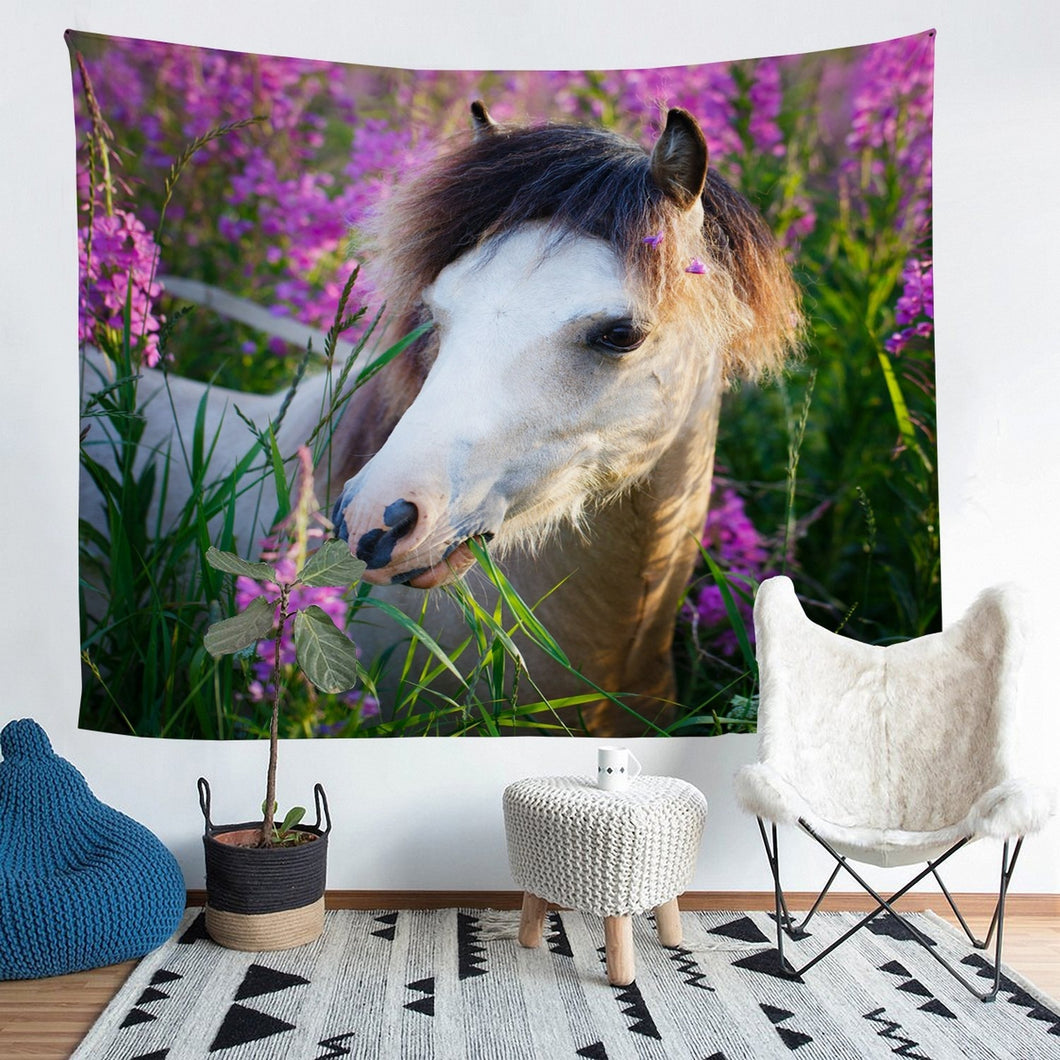 Horse Wall Blanket Farmhouse Theme Tapestry For Kids Girls Children Women 3D Wild Animal Pattern Wall Hanging Purple Floral Flowers Decor Wall Art Wildlife Style