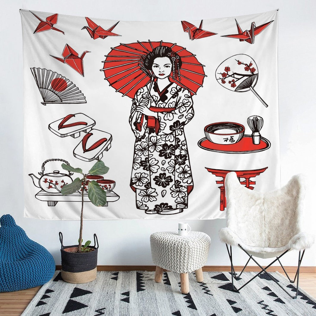 Japanese Women Tapestry for Girls Children Women Japanese-Style Wall Hanging Exotic Style Wall Blanket Room Decor Red Cherry Blossoms Wall Art  Beach Throw Tapestry
