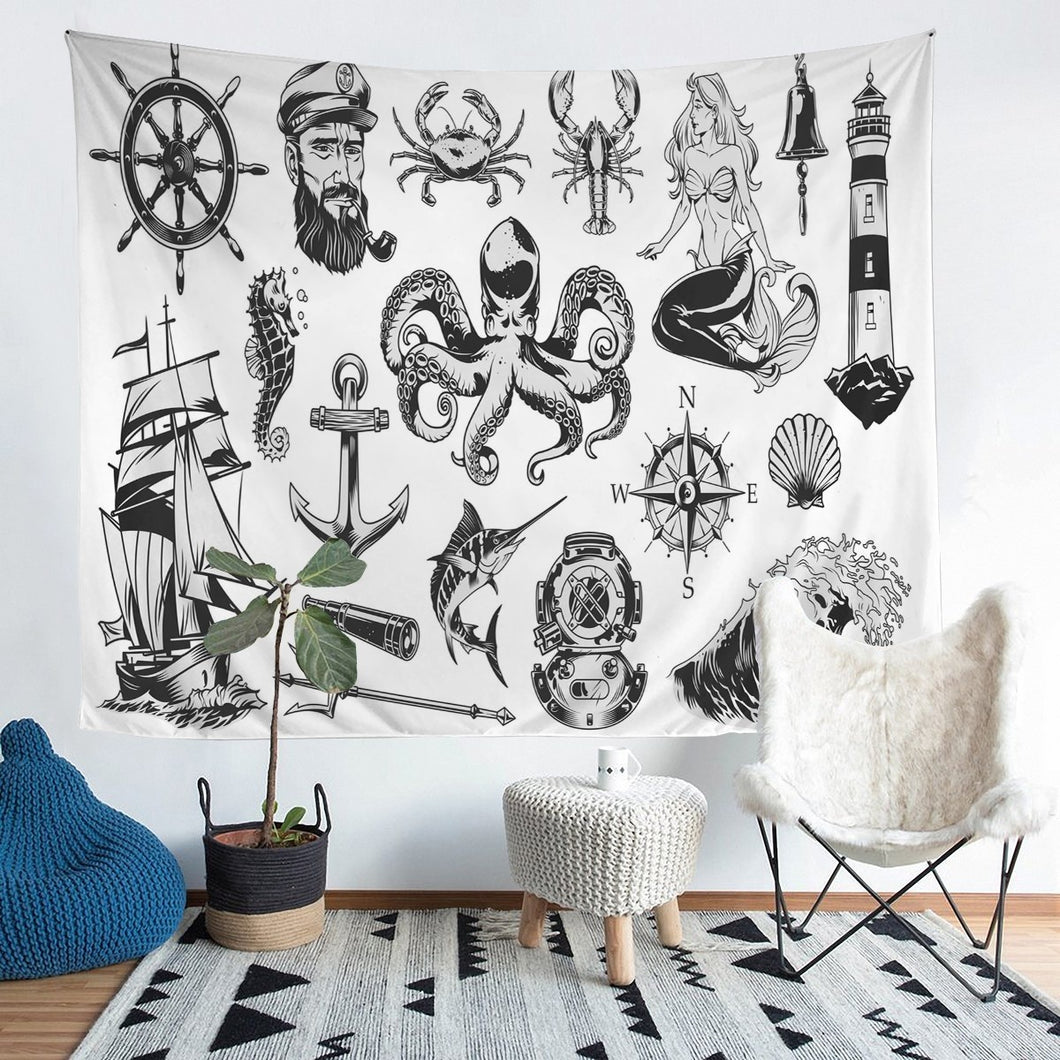 Nautical Theme Bedding Throw Blanket Kids Boys Teens Ocean Marine Life Tapestries Wall Hanging Octopus Compass Sailboat Tapestry Sea Adventure Wall Blanket,Bedding Collection