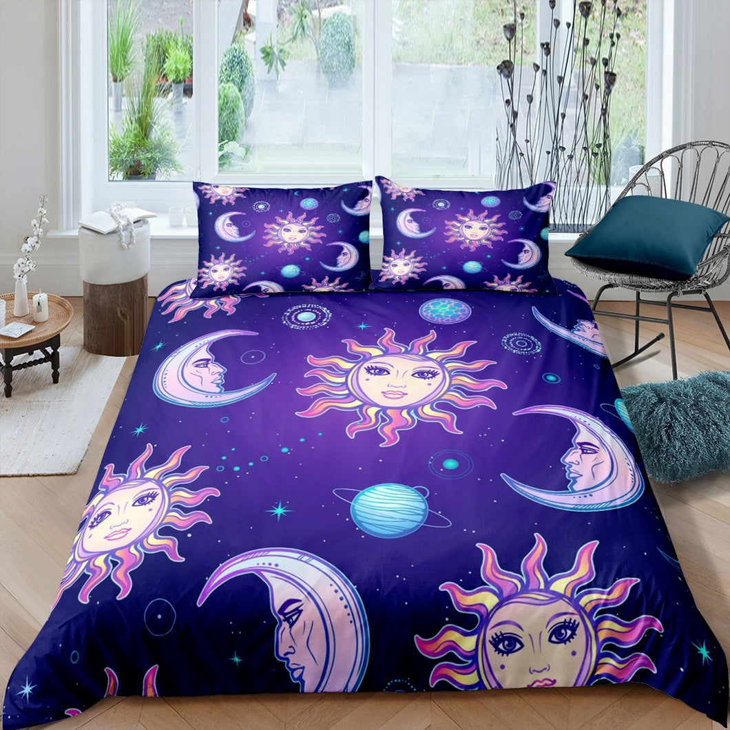 Girly Sun and Moon Printed Duvet Cover Girls Boho Exotic Bedding Set Bohemian Style Comforter Cover for Kids Women Bedroom Decor Purple Galaxy Planet Bedspread Cover