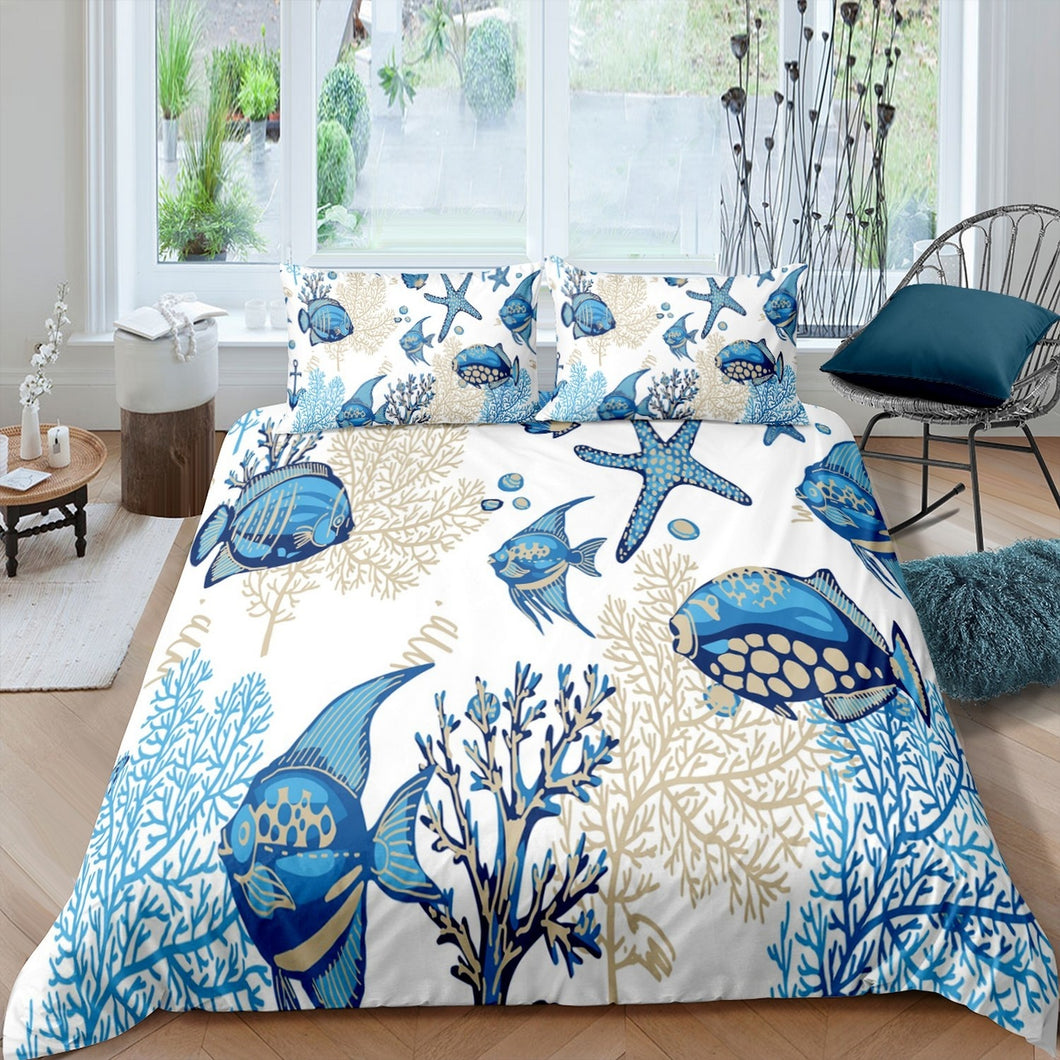 Starfish Bedding Set Ocean Marine Fish Comforter Cover for Kids Adult Sea Creatures Duvet Cover Blue Sea Underwater World Bedspread Cover Room Decor 2/3pcs