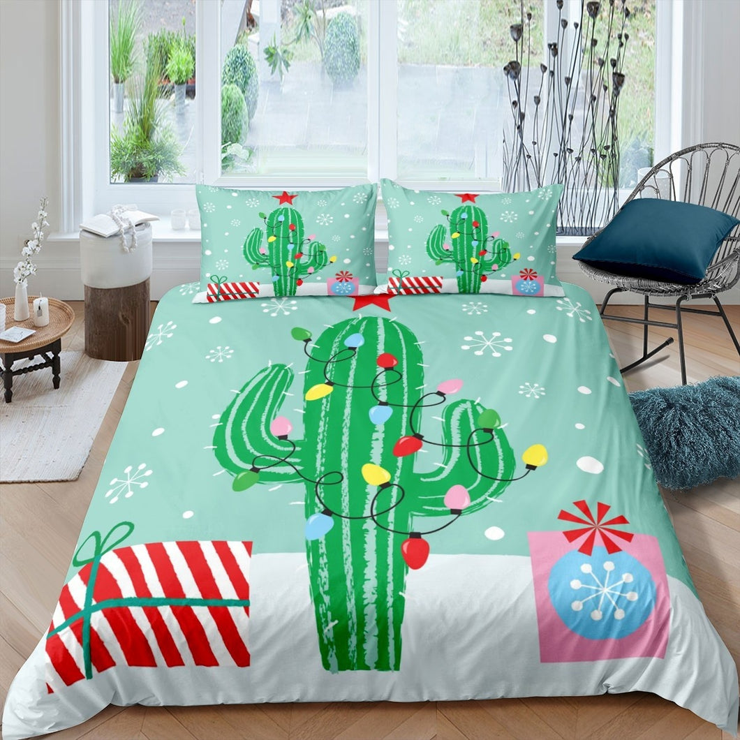 Kids Cute Cactus Printed Duvet Cover Christmas Theme Botanical Bedding Set Cartoon Green Plants Comforter Cover for Boys Girls Children Bedroom Decor Xmas Gift Bedspread Cover