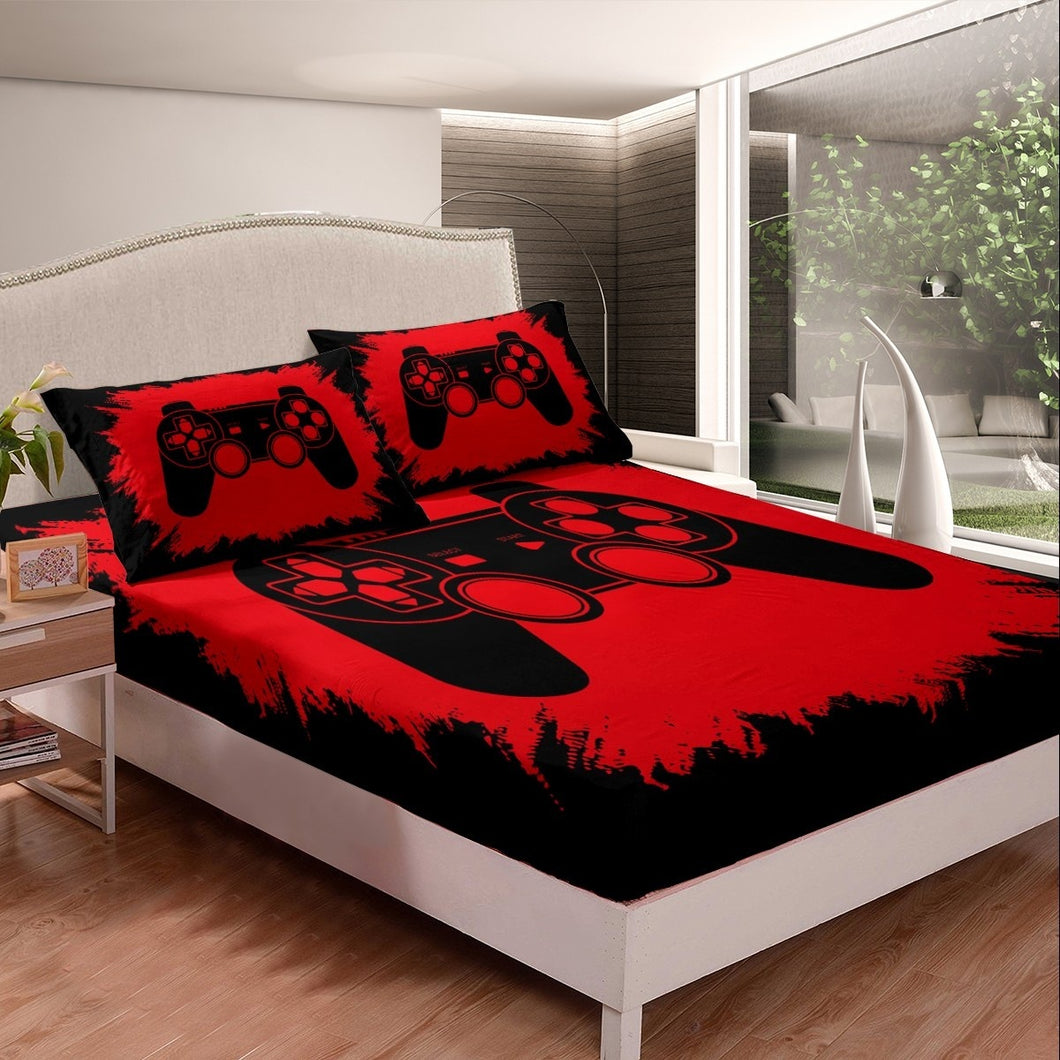 Teens Gamepad Bedding Set Boys Video Game Gamepad Fitted Sheet for Kids Children Gamer Bed Sheet Set Breathable Black Red Boho Hippie Tie Dye Bed Cover Room Decor