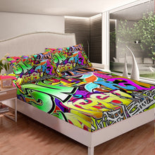 Load image into Gallery viewer, Hippie Graffiti Style Bed Sheet Set Teens Hip Hop Fitted Sheet Boys Graffiti Pattern Bedding Set For Kids Adults Street Culture Theme Bed Cover Ultra Soft Room Decor
