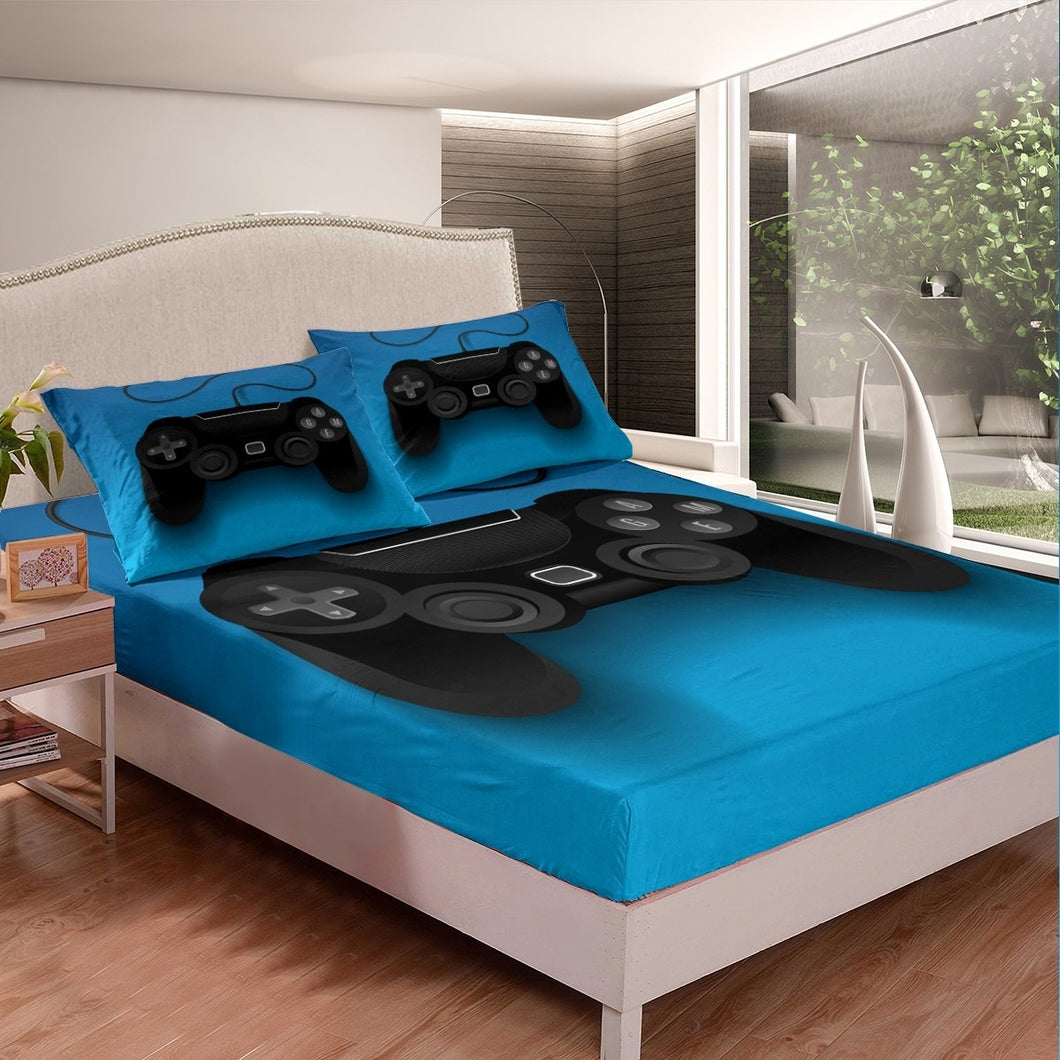 Boys Black Gamepad Bedding Set Gamer Bed Sheet Set For Kids Children Teens Video Game Fitted Sheet Modern Game Controller Bed Cover Blue Bedroom Decor 2/3Pcs