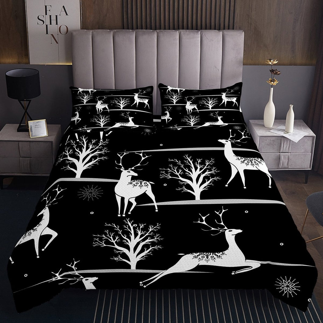 Elk Coverlet Set Tree Forest Reindeer Quilt For Kids Boys Girls Winter Snow Bedspread Cartoon Snowflake Wild Animal Christmas Theme Bed Cover 2/3Pcs Black