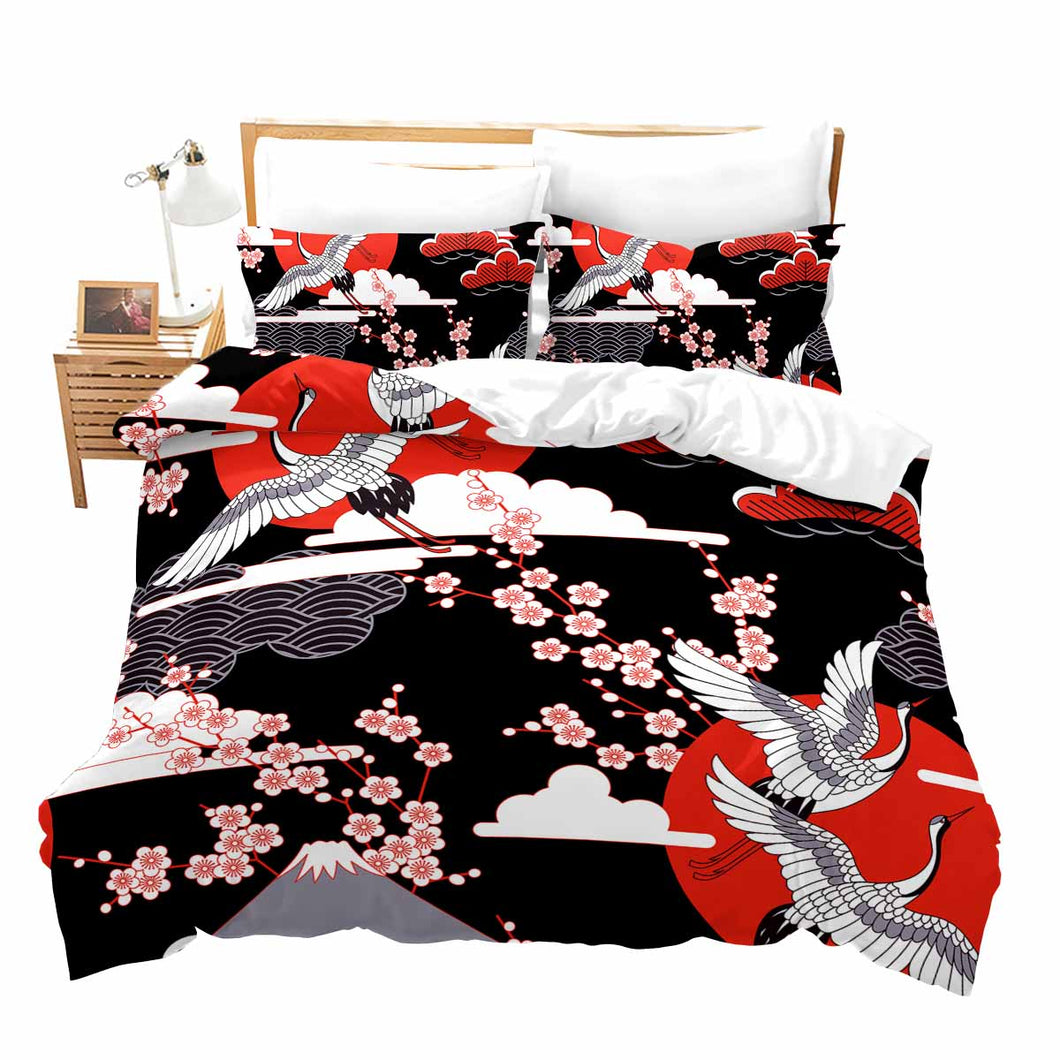 Feelyou Japanese Crane Comforter Cover, Boys Decorative Bedding Set with Zippers Ties,Duvet Cover Set